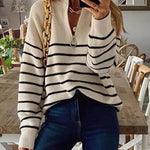 Striped Pattern Quarter Zipper Drop Shoulder Sweater Pullover