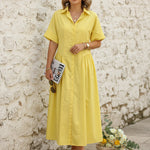 Loose Short Sleeves Buttoned Pleated Solid Color Lapel Collar Midi Dresses Shirt Dress