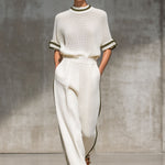 Vintage-Trimmed White Knitted Mesh Short-Sleeved Shirt And Wide-Leg Pants Set