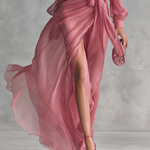 Women's Elegant Rose Pink Pearl Chiffon V-neck Tie-waist Long Dress