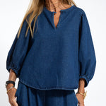 Nadorine Women's Casual Denim Two-piece Set Loose Puffed Sleeve Blouse and Wide-leg Pants