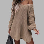 Loose Mid-length Off-shoulder V-neck Slit Knitted Sweater