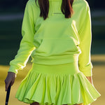 Fluorescent Green Embroidered Hooded Sweatshirt Lantern Skirt Sports Set