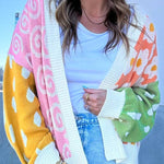 Orange Flower & Dotted Print Colorblock Open Front Cardigan
