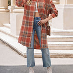 Nadorine Plaid Longline Button-Up Shacket Lapel Neck Long Sleeve Shirt Pocket