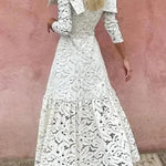 Solid Color Hollow Lace High Neck Long Sleeve Elegant Maxi Dress