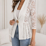 Women's Lace Patchwork Blazer Elegant Shawl Lapel Peplum Coat Single Breasted Three Quarter Sleeve Outwear