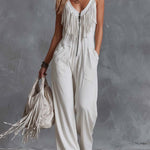 Casual Retro Western V-Neck And Fringe White Faux Suede Jumpsuit