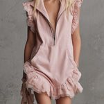 Elegant Retro Sporty V-neck Front Zipper Sleeveless Lace Trim Pink Cotton Mini Dress