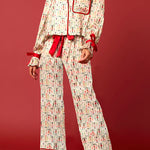 Christmas Printed Velvet Lace-up Long-sleeve Pocket Top and Elastic Waist Wide-leg Pants Set