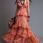 Boho-Vintage Elegant Tiered Ruffle Chiffon Maxi Dress
