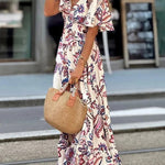 Unique Print V-Neck Waist Holiday Maxi Dress
