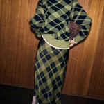 Holiday Plaid Knit Color-blocked Trim Button Long-sleeved Loose Cardigan