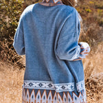 Vzyzv Women's Sweaters Blue Aztec Print Open Front Knitted Cardigan
