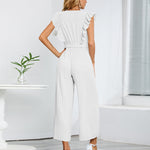 Nadorine Women's Casual Loose Jumpsuit V Neck Sleeveless Solid Ruffle Pleated Wide-leg Long Playsuit with Belt