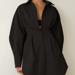 Long Sleeve Tunic Dress High Waist Lapel Short Dress Button Down Pleated Dress