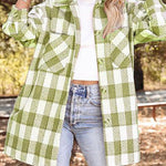 Nadorine Brushed Plaid Shirts Long Sleeve Flannel Lapel Button Down Shacket Jacket with Pockets