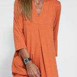 Fashion solid color V-neck three-quarter sleeves knitted long slit dress