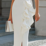 Elegant White Ruffle-Trimmed Midi Sheath Dress