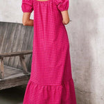 Women's Puff Sleeve Square Neck Check Maxi Dress
