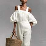 Women's White Linen Jumpsuit With Cold-Shoulder Neckline & Puff Sleeves, Timeless Boho-Casual Style Jumpsuit