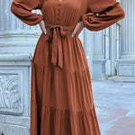 Cinnamon knot Lantern Sleeve Ruffled Hem Pleated Dress