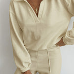 Nadorine Casual Two-Piece Set V-neck Fleece Sweatshirt High-waisted Wide-leg Pants