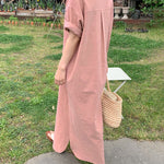 Oversized Button Down Maxi Shirt Dress Short Sleeve Side Split Casual Loose Solid Tunic Dress