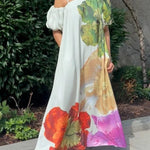 A-Line Loose Elasticity Flower Print One-Shoulder Maxi Dresses