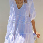 Nadorine Women's Cute Sweet Tie up V Neck Drawstring Short Sleeve Babydoll Dress Loose Tiered Ruffle Swing Tunic Mini Dress