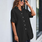 Nadorine Long Cuffed Sleeve Shirts Button Down V Neck Blouse Loose Fitting Tops