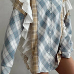 Sky Blue Plaid Print Patchwork Ruffle Shirt