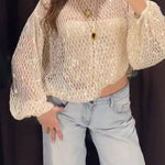 Shimmering Sequin Openwork Lantern Sleeve Blouse