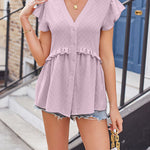 Hollow jacquard waist lace ruffle sleeve shirt