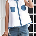 A-Line High-Low Buttoned Contrast Color Pockets Mock Neck Tank Top