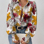 Long Sleeves Loose Buttoned Elasticity Flower Print Pleated Lapel Blouses&Shirts Tops