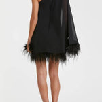 Black One Shoulder Trapeze Dress with Feather Trim