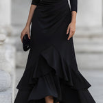 One-Shoulder Ruched Asymmetric Ruffle Hem Midi Dress