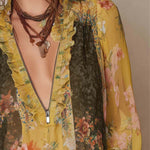 Zip-Front Ruffled Floral Chiffon Blouse