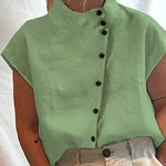 Nadorine Cotton Linen Turtleneck Short Sleeve Shirt Stand Collar Button Down Casual Tops