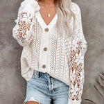 Nadorine Long Sleeve Lace Cable Knit Sweater Open Front Cardigan Button Loose Shirts