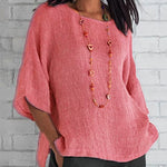 Nadorine Cropped Sleeves Cotton Linen T-Shirt Boho Vintage Loose Fit Tunic Tops Plain Crewneck Tees