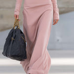 Elegant Retro Sporty V-neck Front Zipper Long-sleeved Pink Maxi Dress