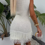Fashion Knitted Round Neck Sleeveless Slim Fit Fringed Hem Mini Dress
