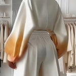 Loose Puff Sleeves Gradient Split-Joint Lapel Blouses&Shirts Tops