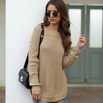 Nadorine Crew Neck Long Sleeve Slit Pullover Knit Sweater