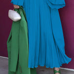 Flared Sleeves Loose Pleated Ruffled Solid Color Split-Joint High Neck Maxi Dresses