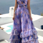 Dreamy Clouds Tulle Printed Rose Detail Cutout Ruffles Tiered Halter Maxi Dress