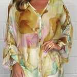 Unique Printed Long Sleeve V-neck Chiffon Loose Shirt