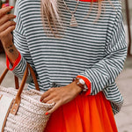 Nadorine Casual V-Neck Long-Sleeve Knit T-Shirt Stripe Color Block Knit Tops